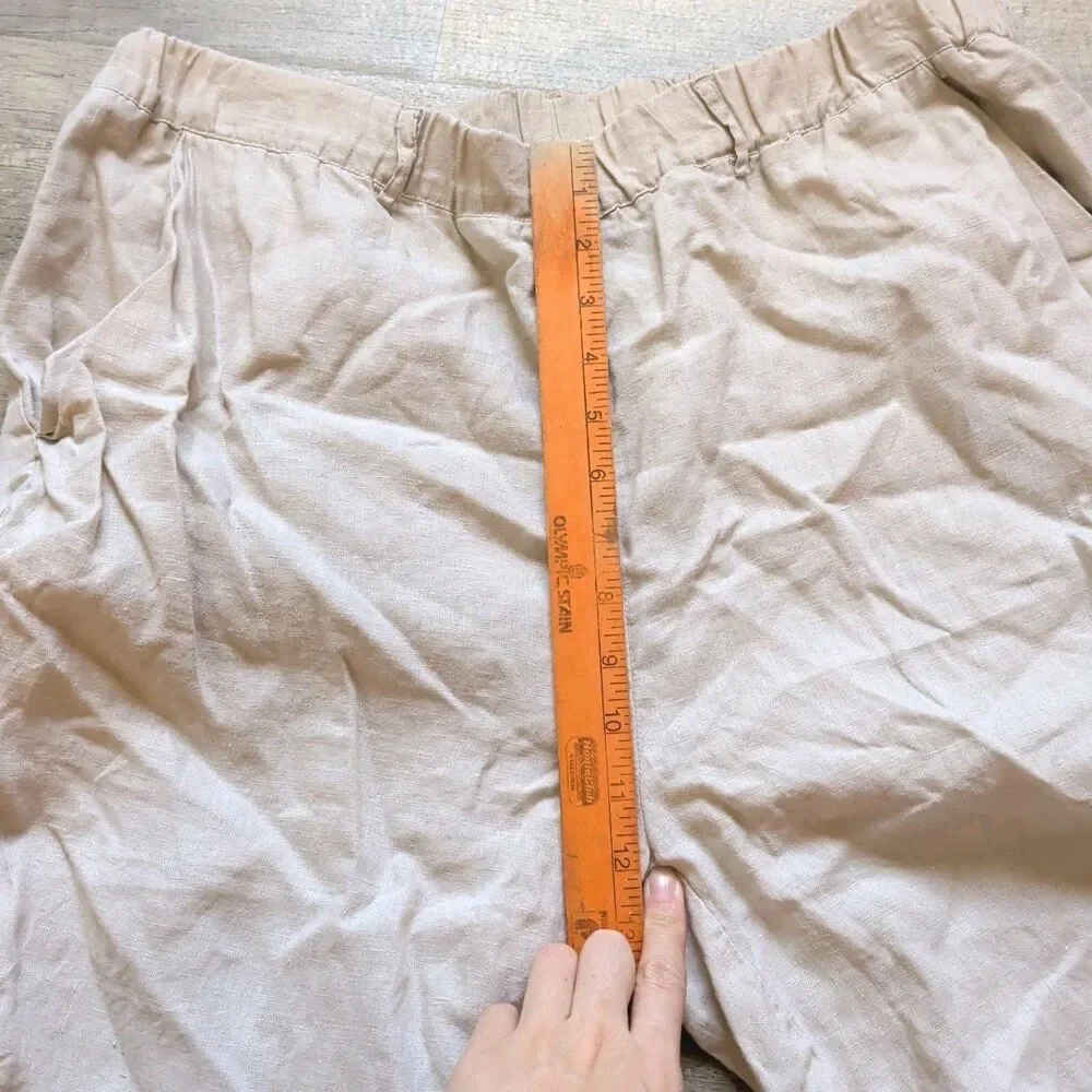 Quince Women's 100% Linen Crop Pants Size L Beige Pull On W Pockets